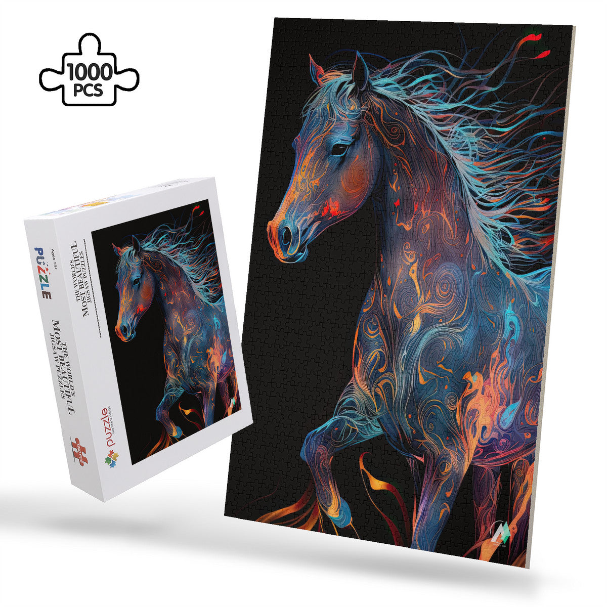 Embermane Puzzle features a detailed image of a horse, available in 500 or 1000 pieces, crafted from premium ivory cardboard with a satin finish.