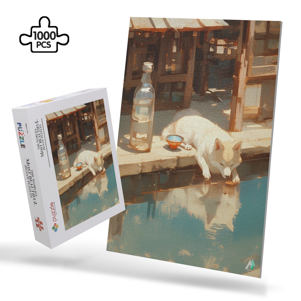 Dozy Dog I Puzzle features a dog drinking water, showcasing intricate artwork by @shinjoku13 on premium satin-finished cardboard. Available in 500 and 1000 pieces.