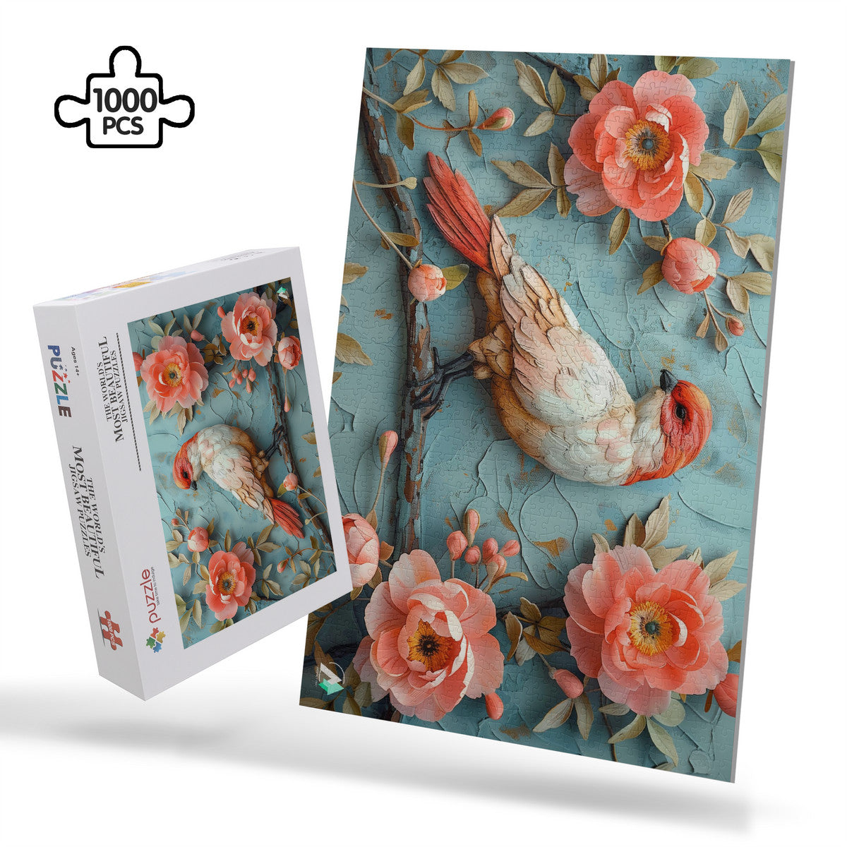 Blossom's Balladeer II Puzzle featuring a bird perched on a branch amidst flowers, available in 500 or 1000 pieces, crafted from premium ivory cardboard.