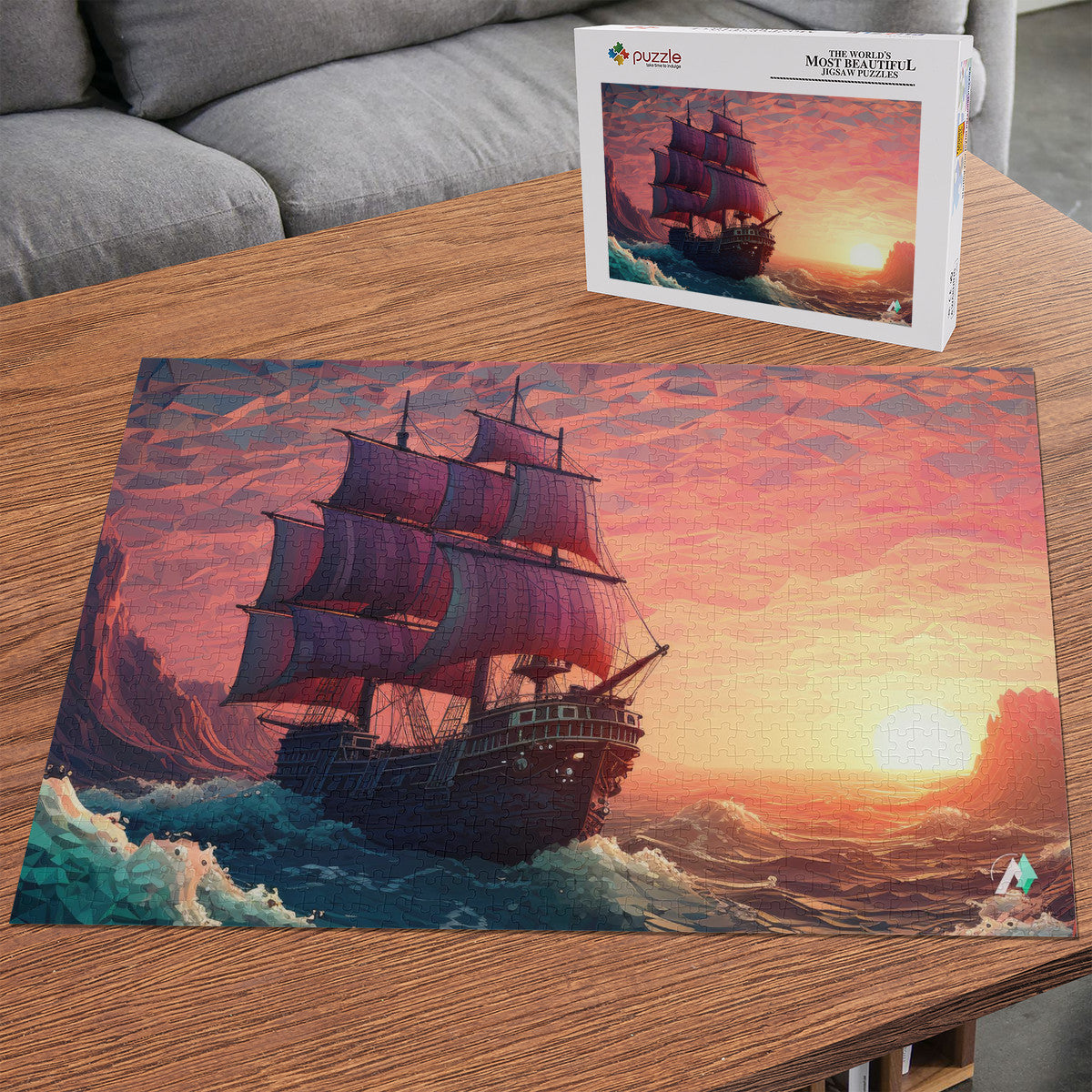 Long Journey Ship Puzzle depicting a ship with sails in the ocean, available in 500 or 1000 pieces, featuring premium ivory cardboard.