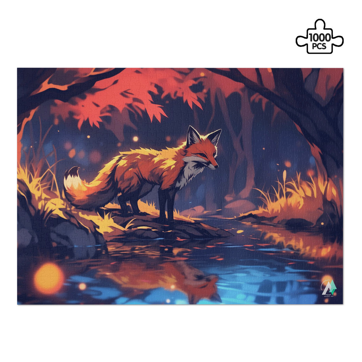Fall'n for Foxes VIII Puzzle features a fox standing on a river, crafted with premium ivory cardboard in 500 and 1000 pieces.