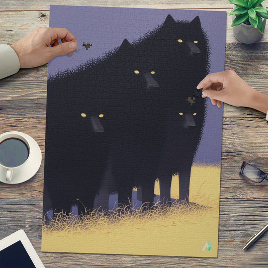 Hounds Unleashed VIII Puzzle featuring wolves, available in 500 and 1000 pieces, crafted from premium ivory cardboard with artwork by @shinjoku13 on Instagram.