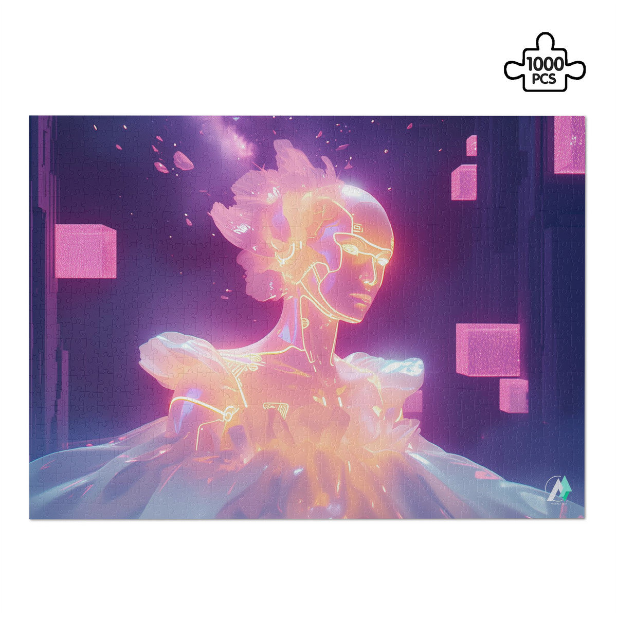 Radiance Infusion Puzzle: a 500 or 1000-piece jigsaw featuring a glowing robot design by artist @shinjoku13, crafted from premium ivory cardboard with a satin finish.