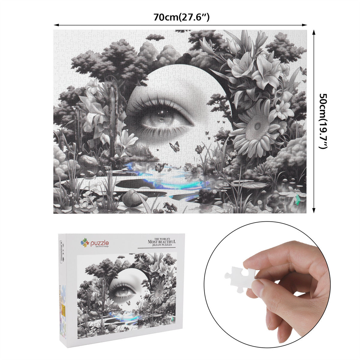 Peering Into I Puzzle: A visually intricate jigsaw featuring surreal art of eyes and butterflies, available in 500 or 1000 pieces, crafted from premium ivory cardboard.