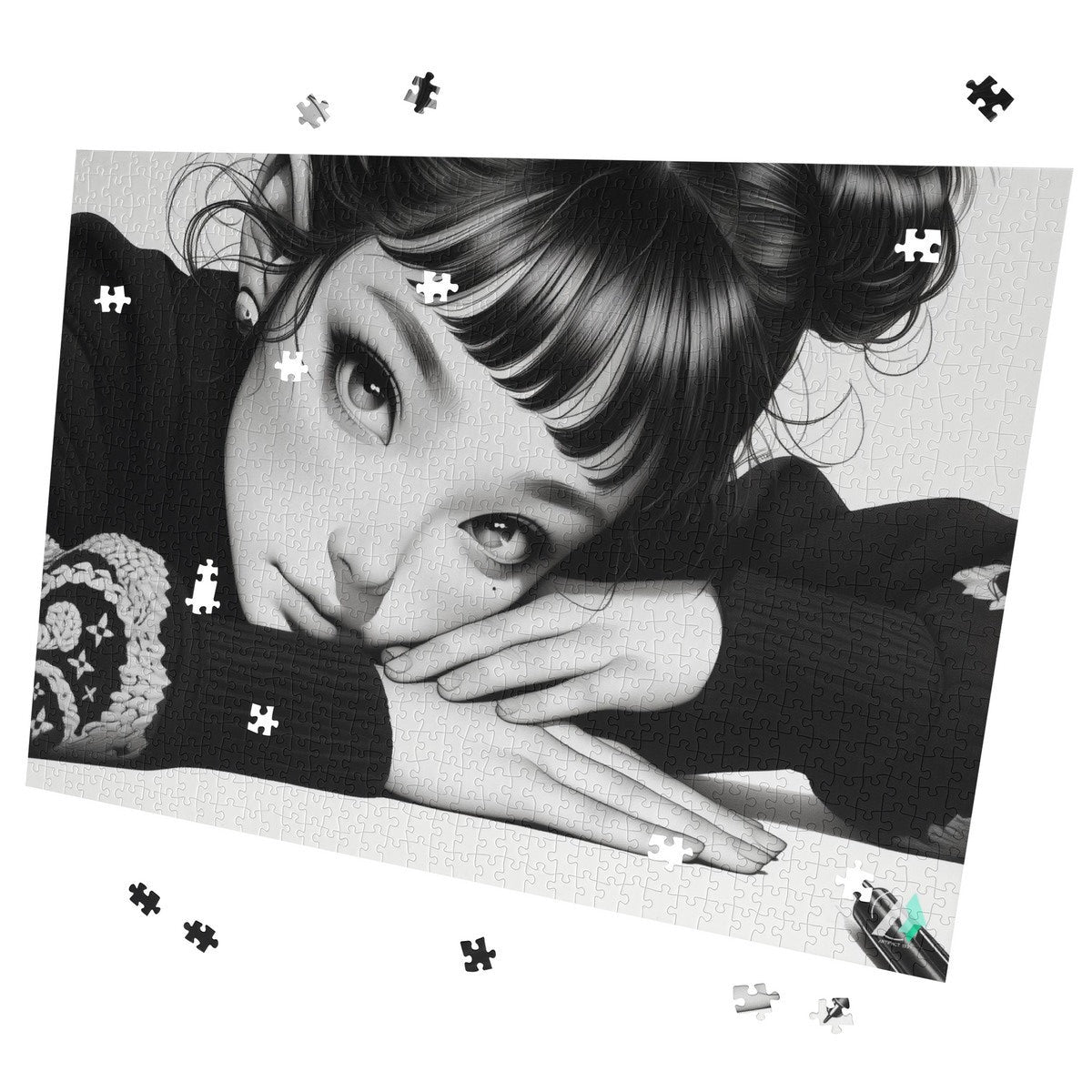 Girl in Reflection Puzzle showcases a serene portrait of a girl resting her head on her hands, available in 500 or 1000 pieces.