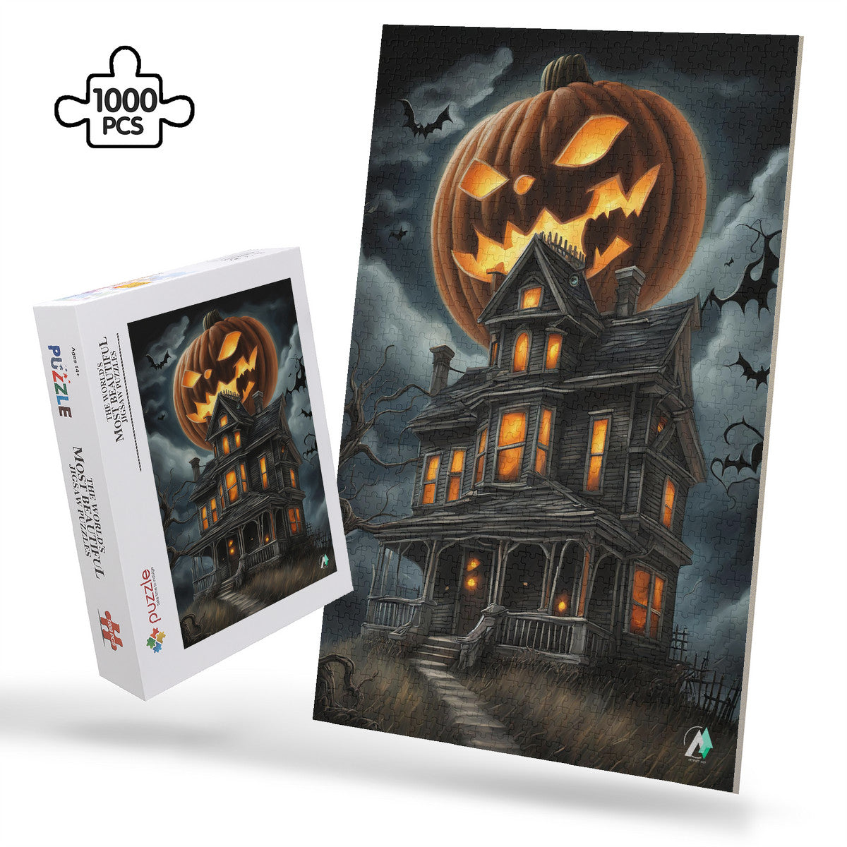 Pumpkin Manor puzzle featuring a pumpkin-topped house, crafted from premium ivory cardboard. Available in 500 and 1000 pieces, showcasing artwork by @crazydancingguy.