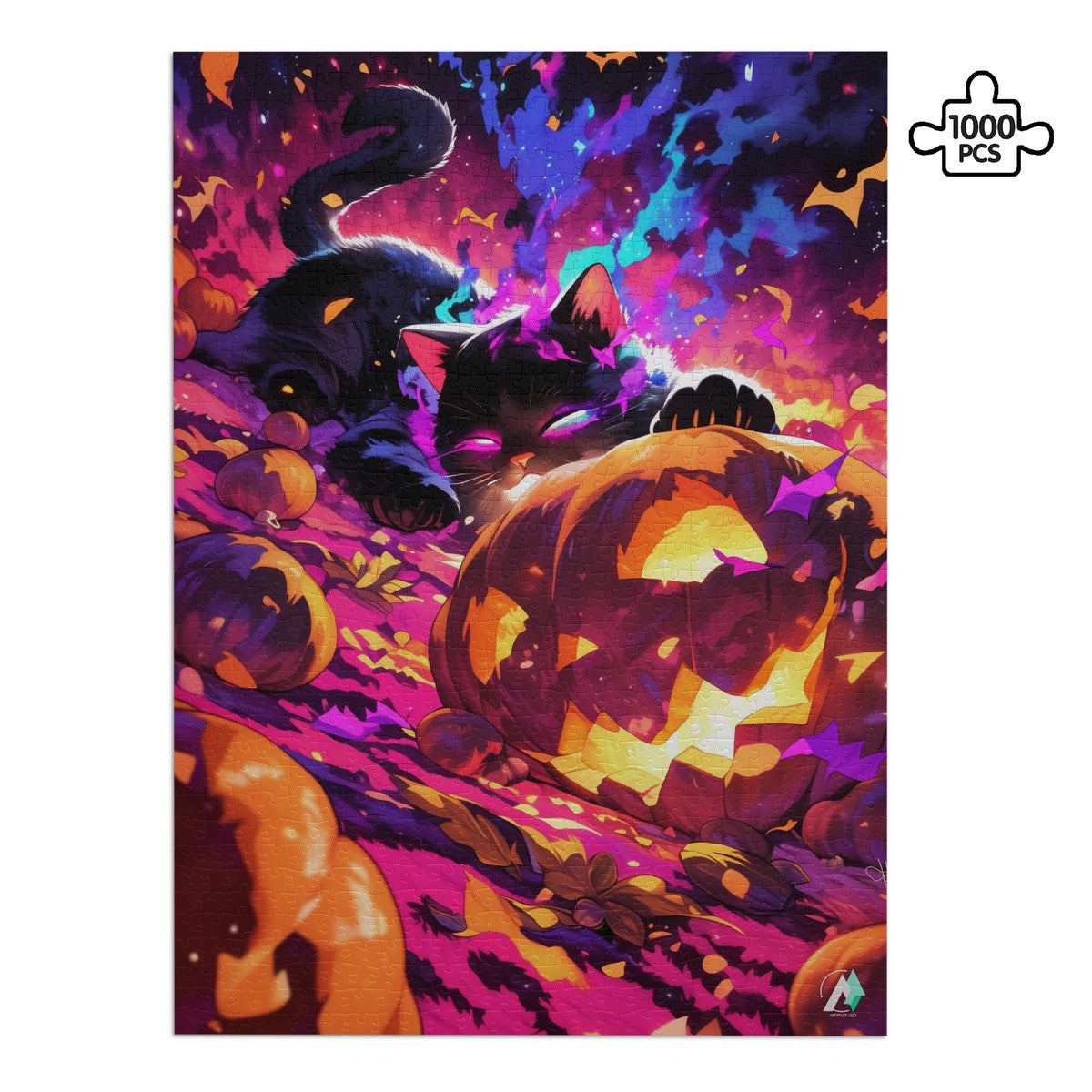 Puzzle featuring a cat and pumpkin, titled Pumpkin Patch Pirate II, available in 500 or 1000 pieces, crafted on premium ivory cardboard.