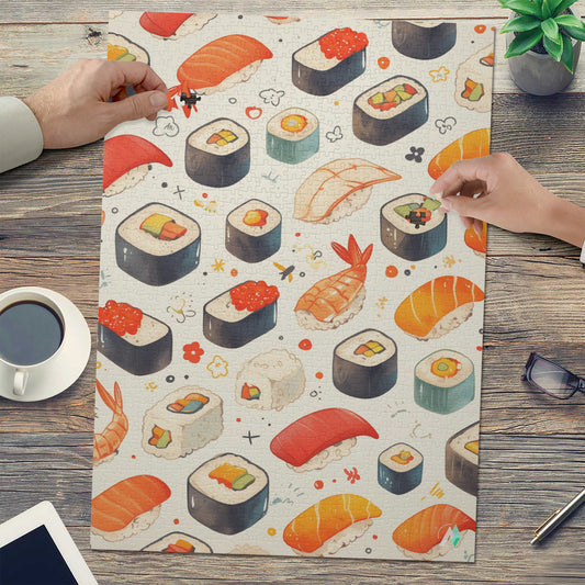 Sushi III Puzzle features intricate sushi-themed designs on premium ivory cardboard, available in 500 and 1000 pieces by artist @shinjoku13.
