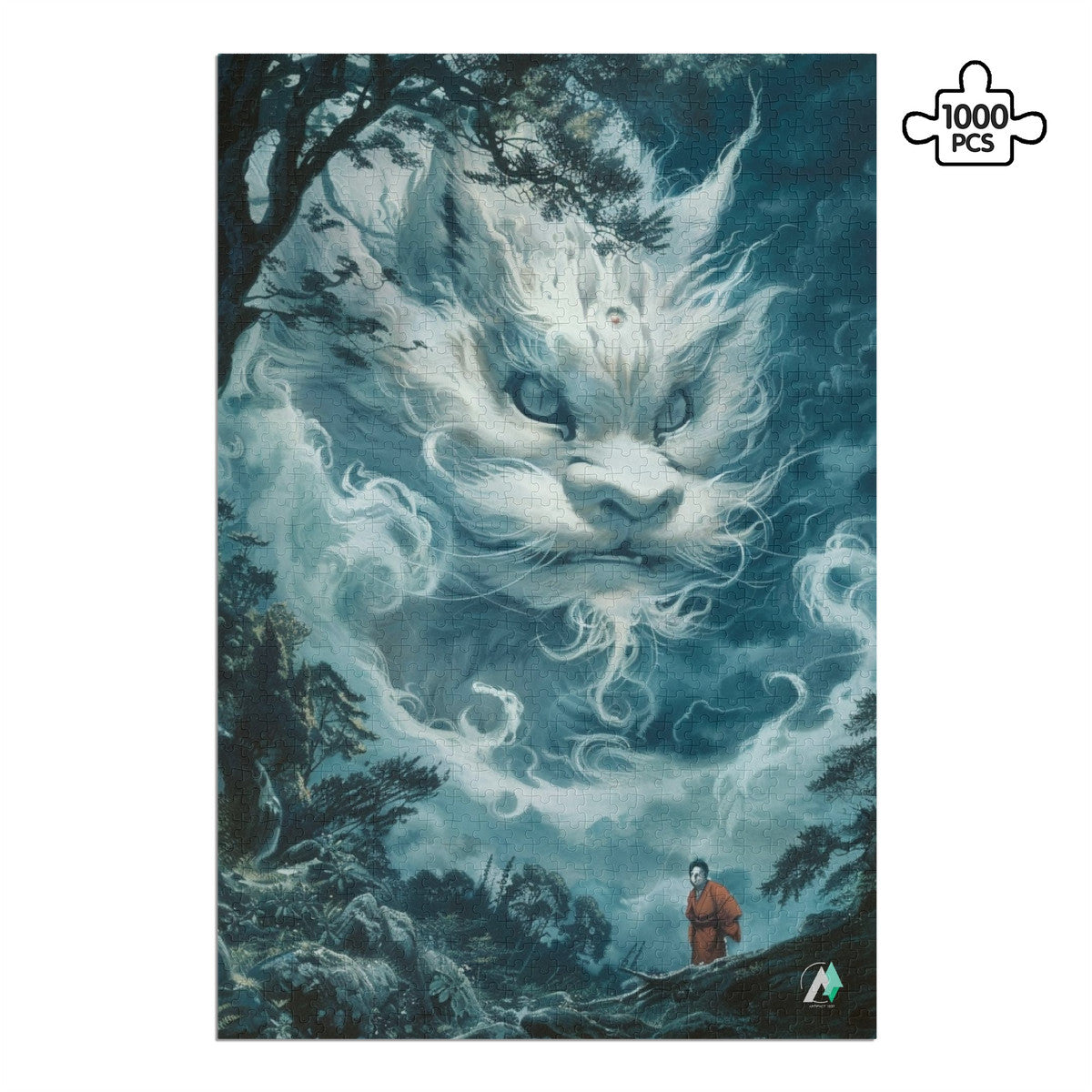 The Yokai Mystiques II Puzzle features intricate designs, including a white lion, air dragon, and abstract faces, by artist @ainfusionart.