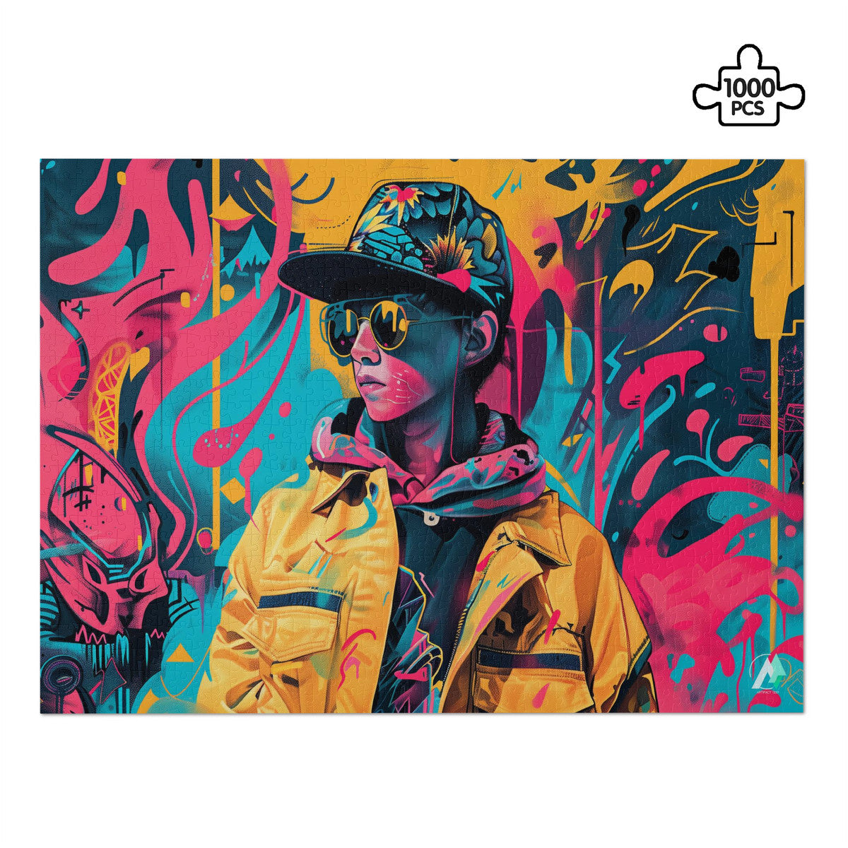 Streetwear Abstraction II Puzzle, depicting a boy in a hat and sunglasses, crafted from premium ivory cardboard. Available in 500 and 1000 pieces.