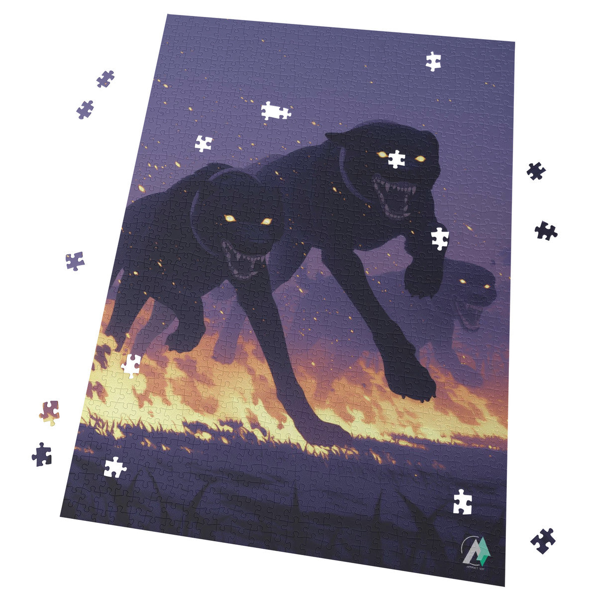 Hounds Unleashed III Puzzle featuring black dogs running, available in 500 and 1000 pieces, crafted from premium ivory cardboard with satin finish.