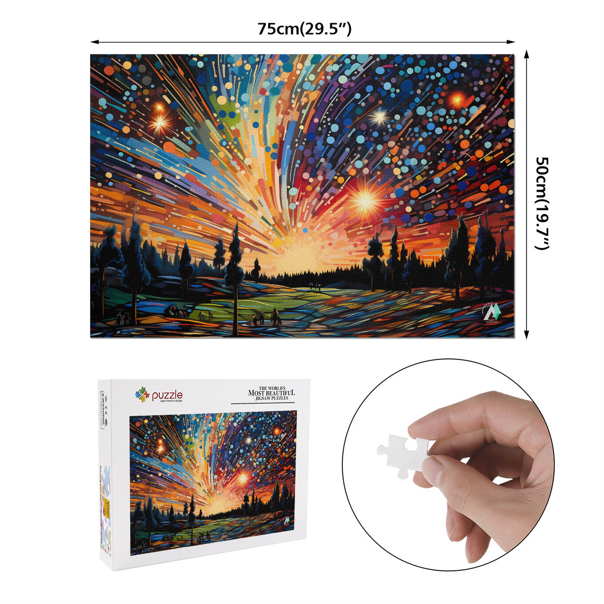 Meteor Shower Puzzle featuring vibrant artwork by @aihabit, available in 500 and 1000 pieces, crafted from premium ivory cardboard with satin finish.
