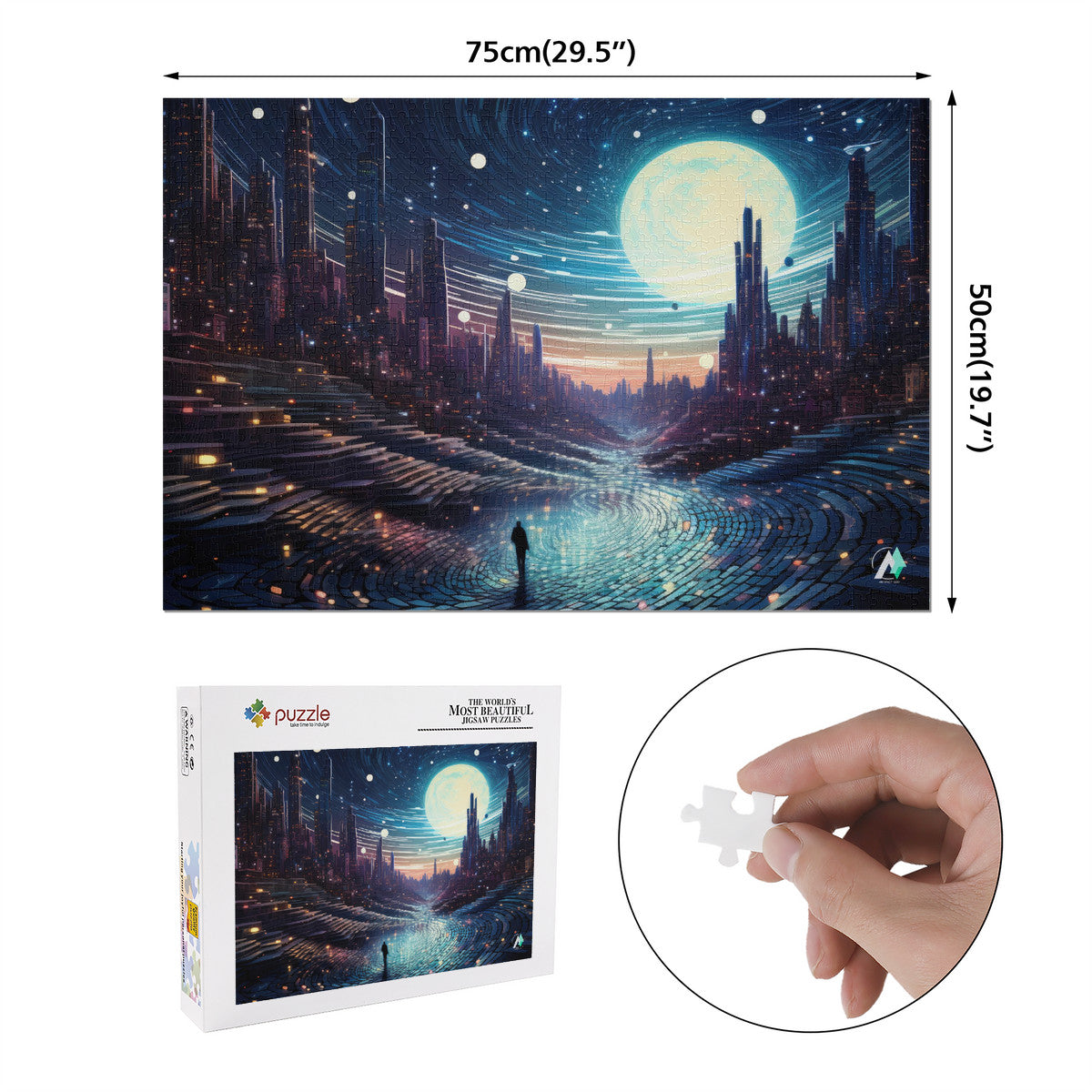Future Urbanscape I Puzzle featuring a future cityscape with a man walking on a street, available in 500 and 1000 pieces, premium cardboard.