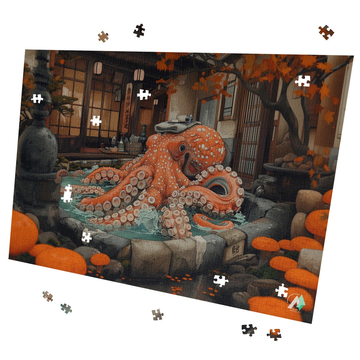 Octopus Bathhouse Puzzle featuring a whimsical octopus illustration, available in 500 or 1000 pieces, crafted from premium ivory cardboard with a satin finish.