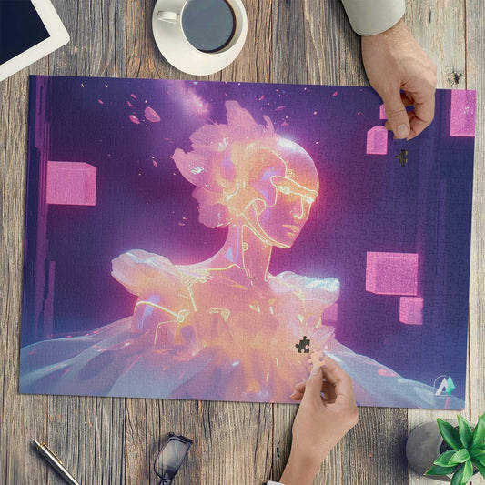 Radiance Infusion Puzzle: a 500 or 1000-piece jigsaw featuring a glowing robot design by artist @shinjoku13, crafted from premium ivory cardboard with a satin finish.