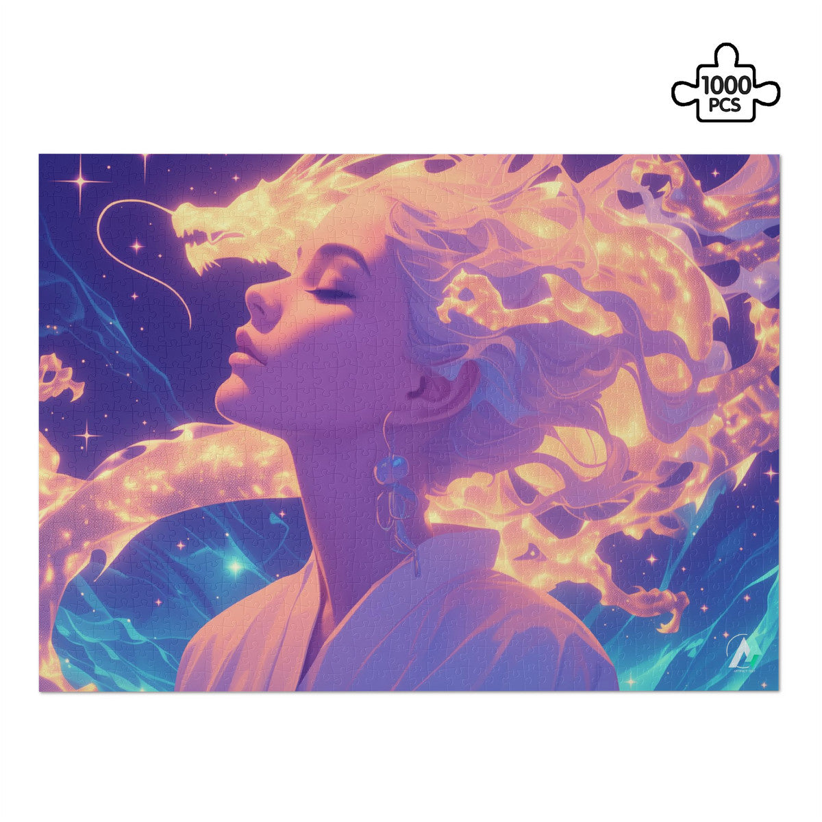 Supernal Connection Puzzle featuring a woman with dragon-like hair, available in 500 and 1000 pieces, crafted from premium ivory cardboard.