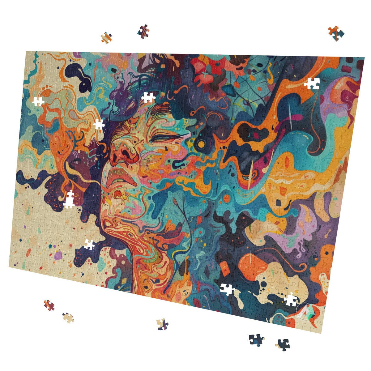 Liquid Trance I Puzzle features a vibrant, modern artwork of a woman's face, available in 500 or 1000 pieces, crafted from premium ivory cardboard.