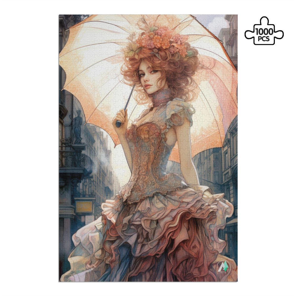 Victorian Beauty Puzzle features a woman holding an umbrella and dressed in Victorian era style, crafted from premium ivory cardboard, available in 500 or 1000 pieces.