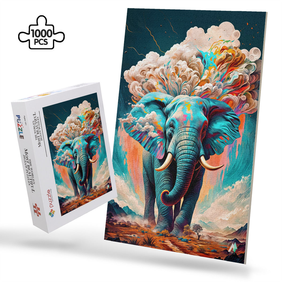 Elemental Elephant Puzzle featuring a vibrant elephant with colorful clouds, available in 500 and 1000 pieces, crafted from premium ivory cardboard.