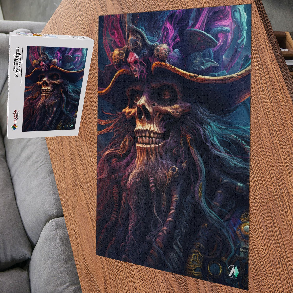 Pirate Lord I Puzzle: A 500 or 1000-piece jigsaw featuring a bearded man with a pirate hat, crafted from premium ivory cardboard.