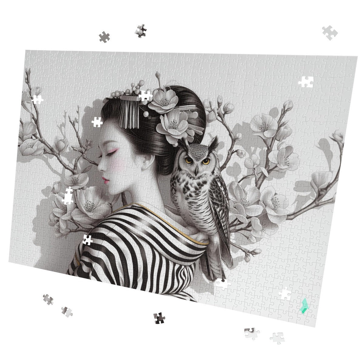 Geisha Perch Puzzle features a woman with an owl on her shoulder, available in 500 or 1000 pieces, crafted from premium ivory cardboard.