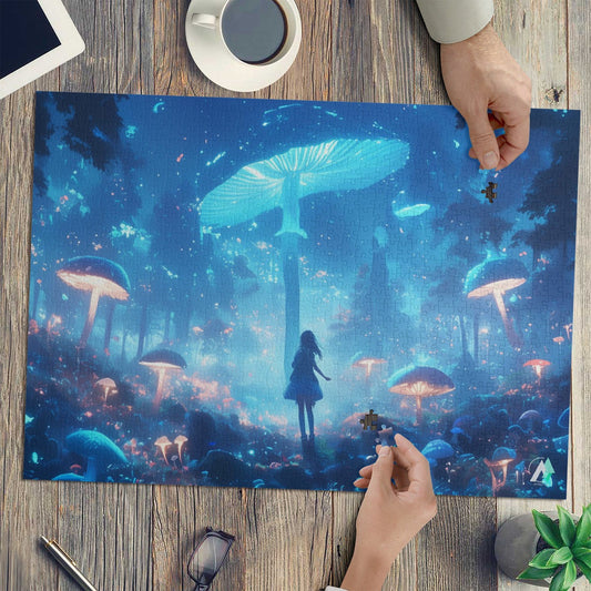 Forest of Magic VII Puzzle: A mystical girl in a mushroom-filled forest, available in 500 or 1000 pieces, featuring premium ivory cardboard with satin finish.