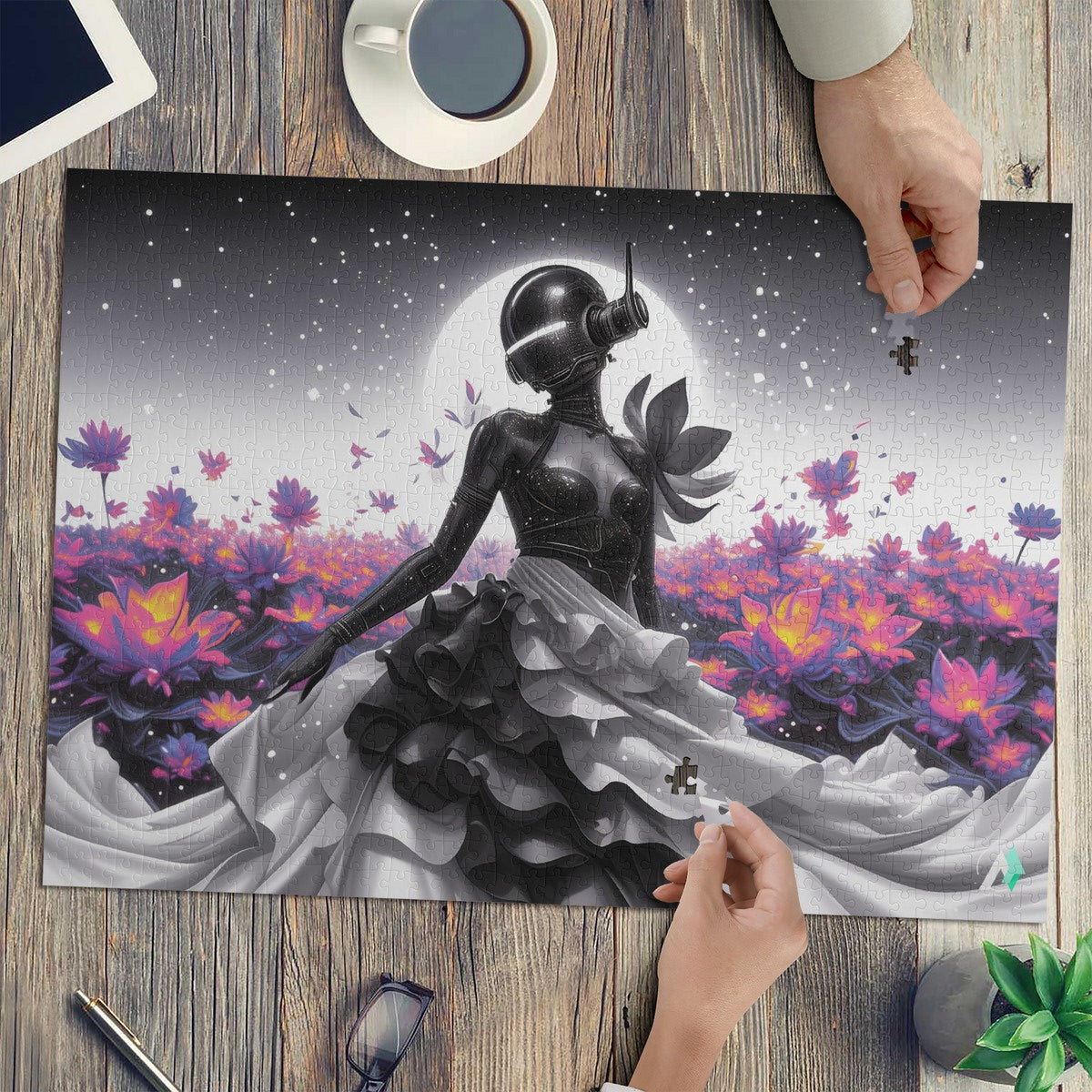 Amara-X IV Puzzle featuring an android fashion model in a dress, crafted from premium ivory cardboard with a satin finish.