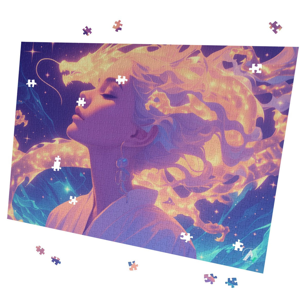 Supernal Connection Puzzle featuring a woman with dragon-like hair, available in 500 and 1000 pieces, crafted from premium ivory cardboard.
