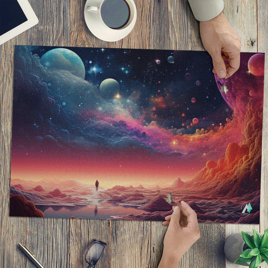 Nanoscape I Puzzle featuring a colorful planetary sci-fi design, available in 500 and 1000 pieces, showcasing artwork by @lyashko.ai.