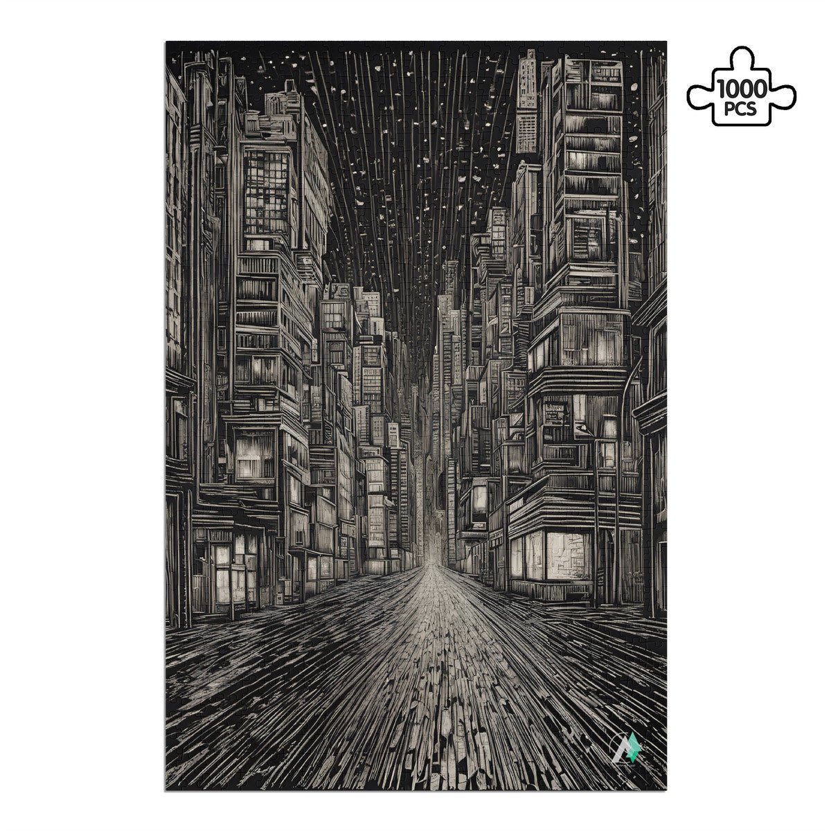 Urban Nightscape I Puzzle featuring intricate cityscape drawing, available in 500 or 1000 pieces, crafted from premium ivory cardboard with satin finish.