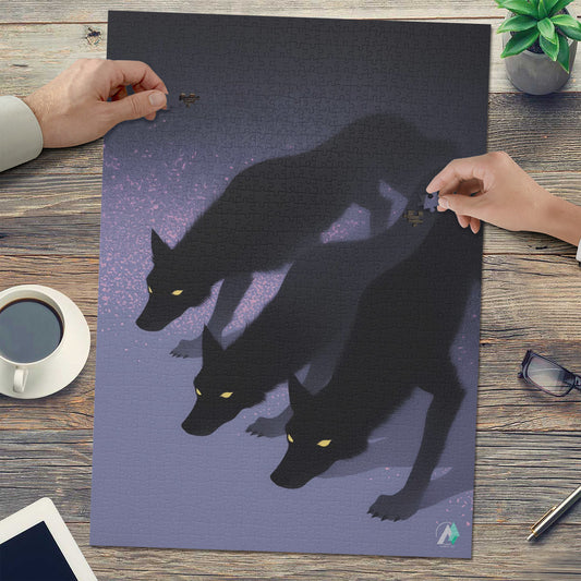 Hounds Unleashed II Puzzle features a detailed image of three dogs, available in 500 and 1000 pieces, showcasing premium designs.