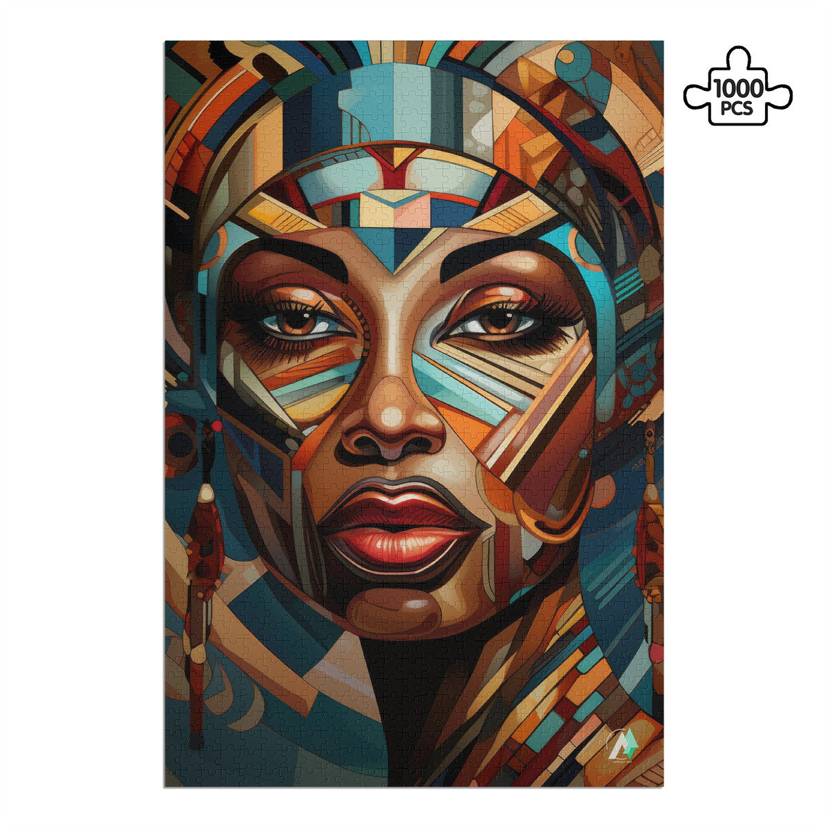 Cubist Beauty II Puzzle featuring a woman's face with a colorful headdress, available in 500 and 1000 pieces, crafted from premium ivory cardboard.