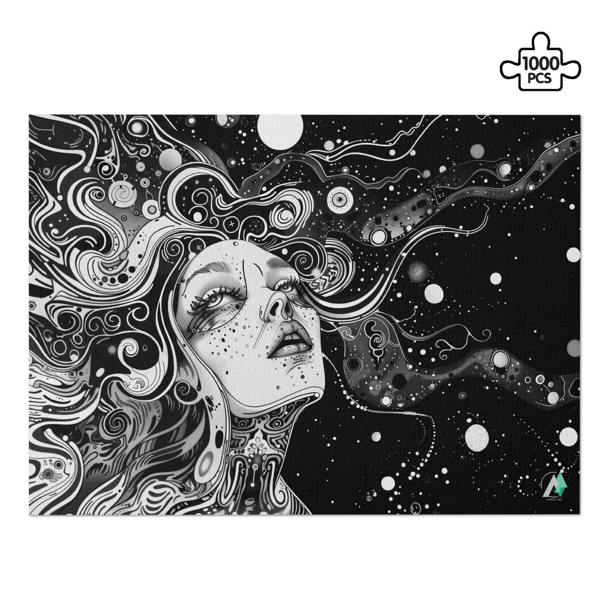 Discernment III Puzzle features a black-and-white illustration of a woman's face, available in 500 or 1000 pieces, crafted on premium ivory cardboard.