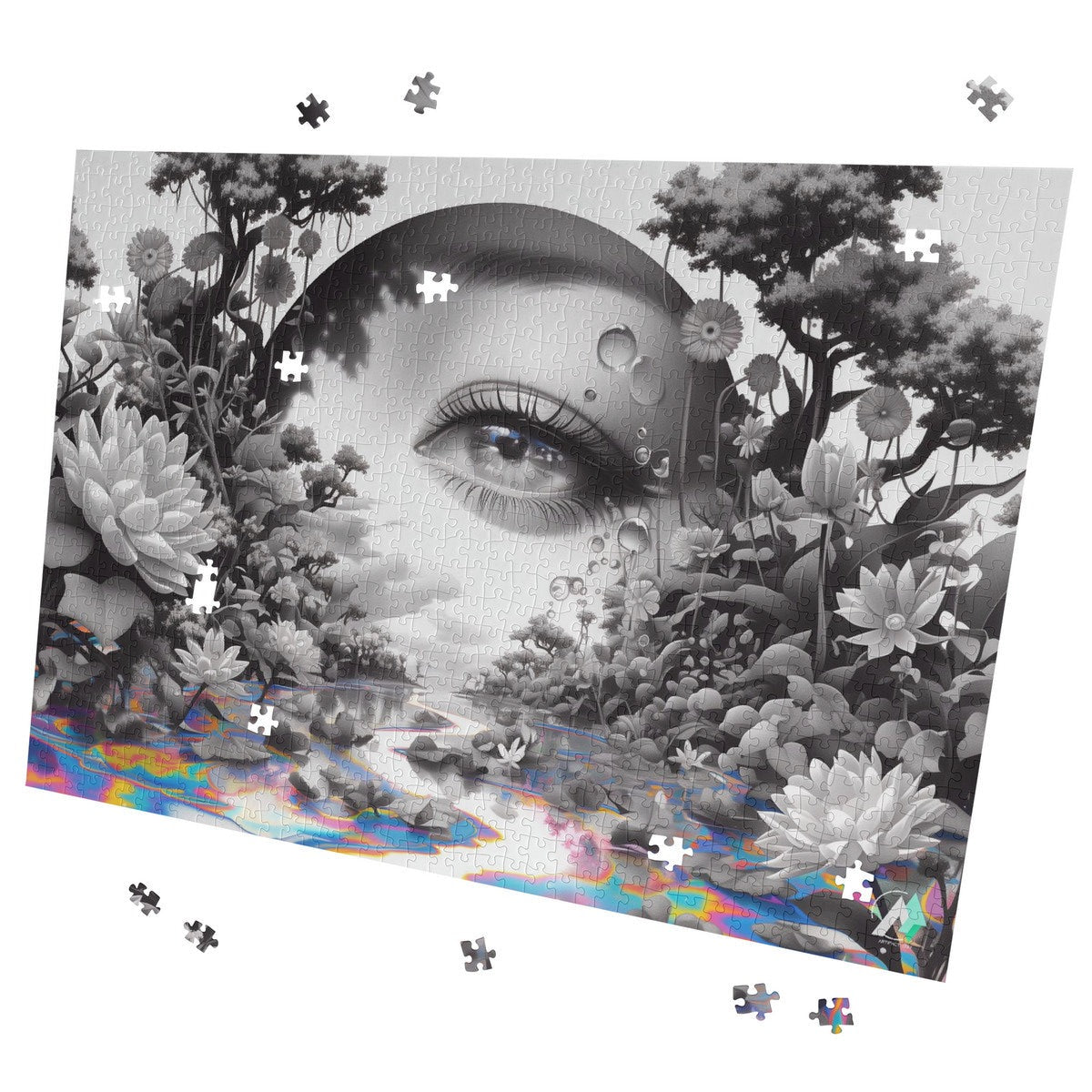 Peering Into III Puzzle: A jigsaw puzzle featuring a woman's eye surrounded by flowers, crafted from premium ivory cardboard. Available in 500 and 1000 pieces.