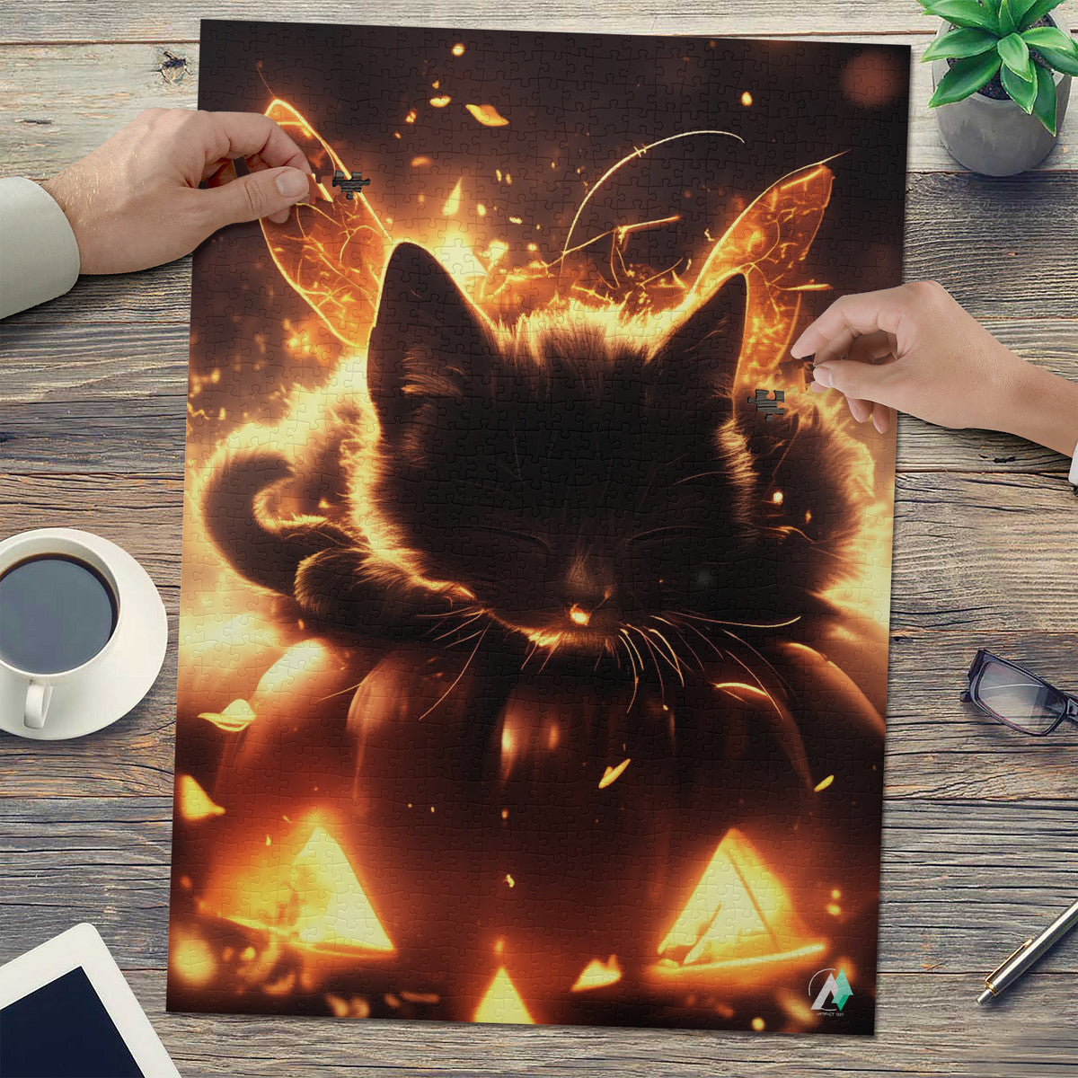 Faerie Feline II Puzzle features a cat fairy lounging on a pumpkin, available in 500 and 1000 pieces, crafted from premium ivory cardboard.
