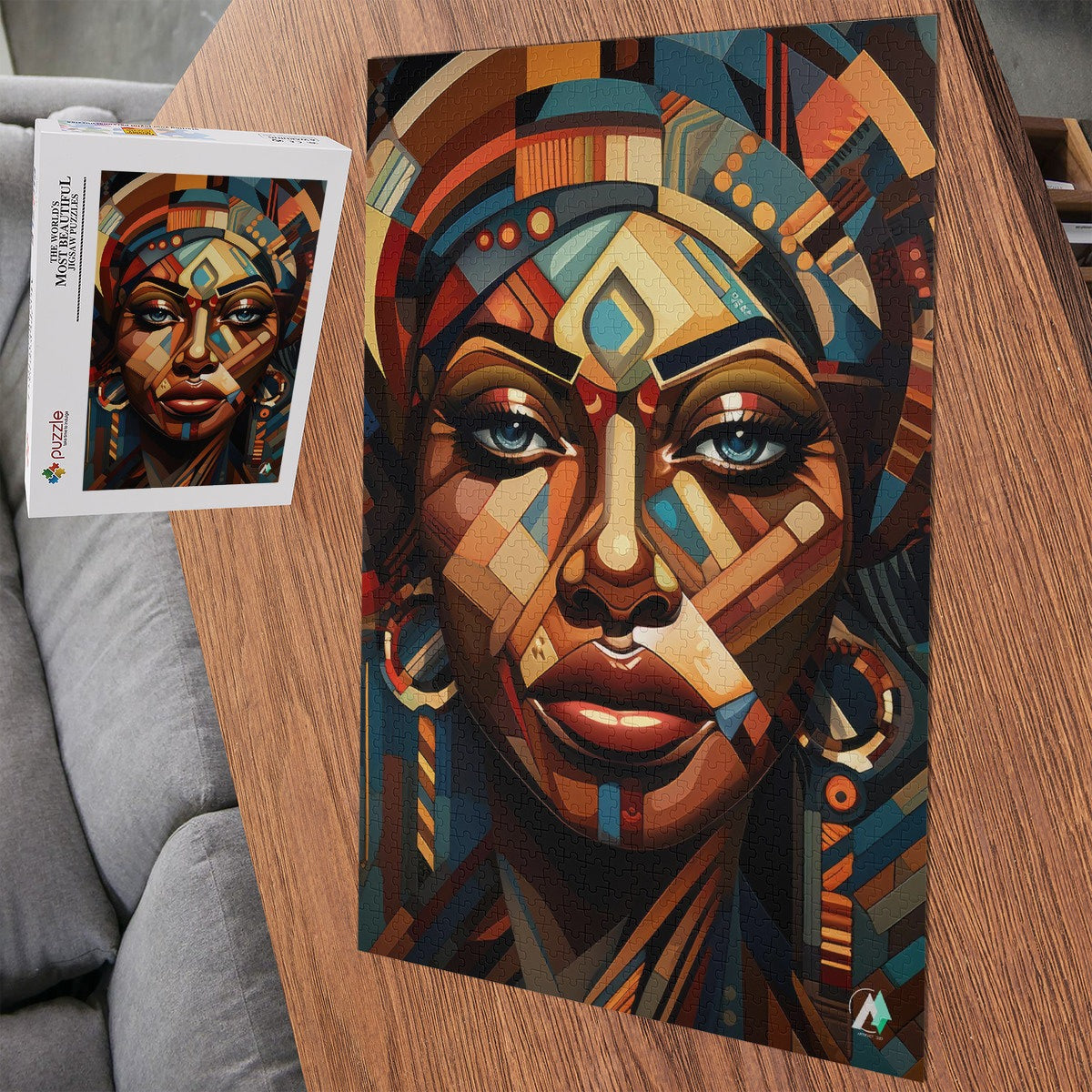 Cubist Beauty I Puzzle featuring a woman's face with a colorful headdress, available in 500 and 1000 pieces, crafted from premium ivory cardboard.