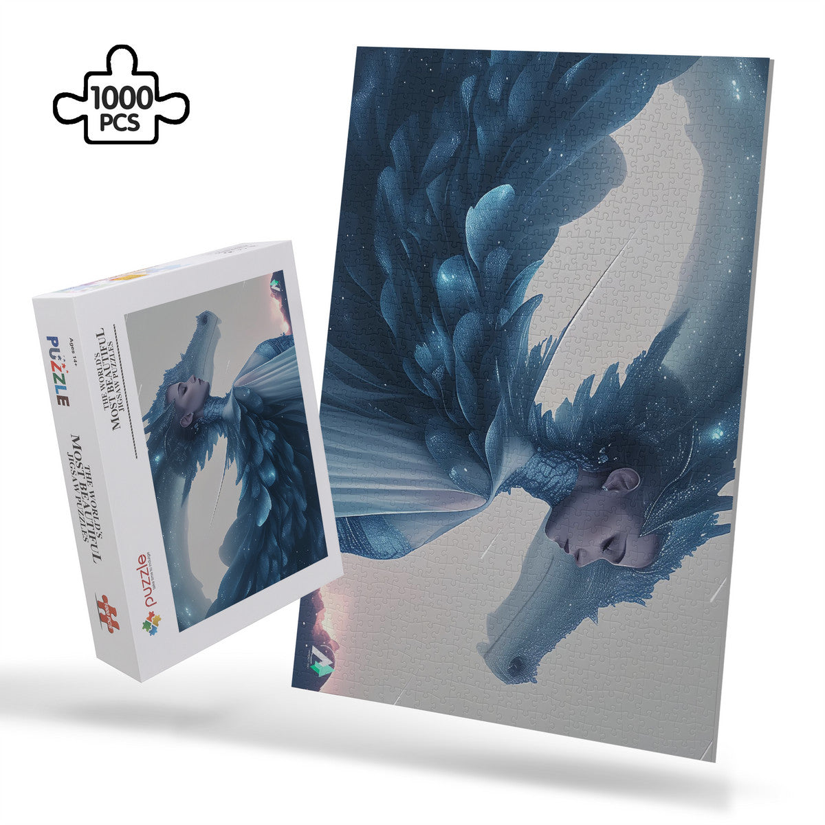 Wyvern Wyre V Puzzle: A jigsaw featuring a woman with a dragon-like head, available in 500 and 1000 pieces, crafted from premium ivory cardboard.