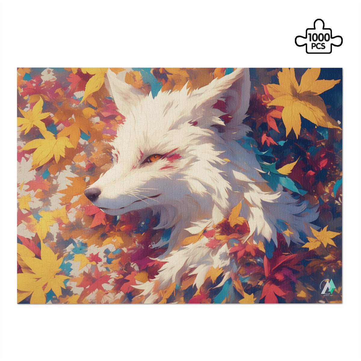 Fall'n for Foxes VI Puzzle features a white fox amidst leaves. Available in 500 or 1000 pieces, crafted from premium cardboard with a satin finish.