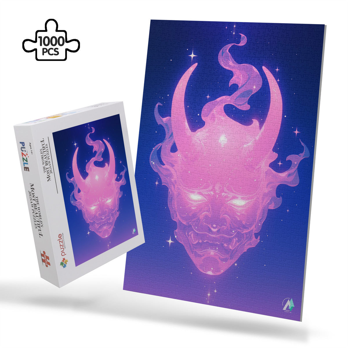 Oni Spirit Mask VI Puzzle, depicting a face with horns, available in 500 or 1000 pieces, crafted from premium ivory cardboard with a satin finish.