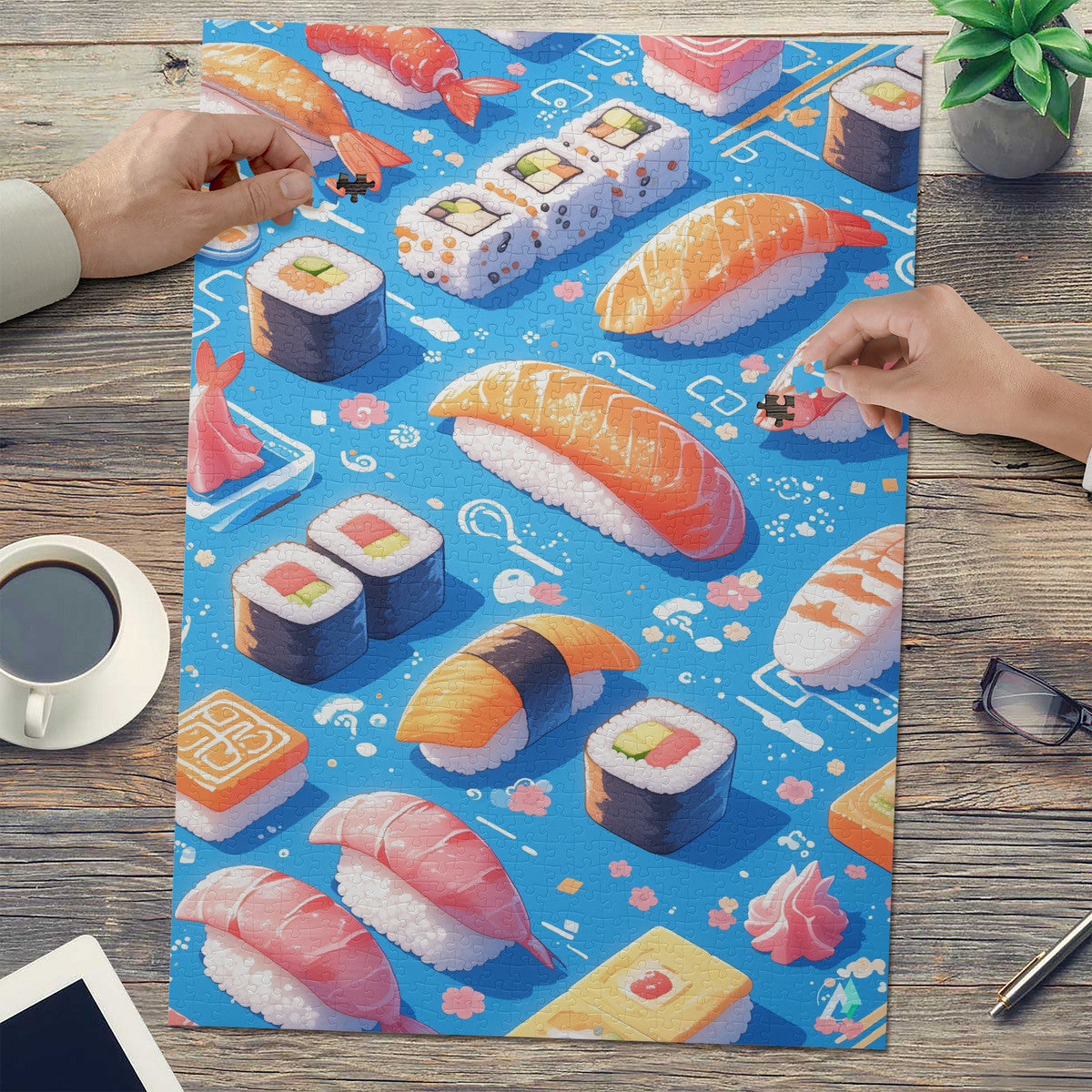 Sushi II Puzzle features intricate sushi-themed designs on premium ivory cardboard, available in 500 and 1000 pieces by artist @shinjoku13.