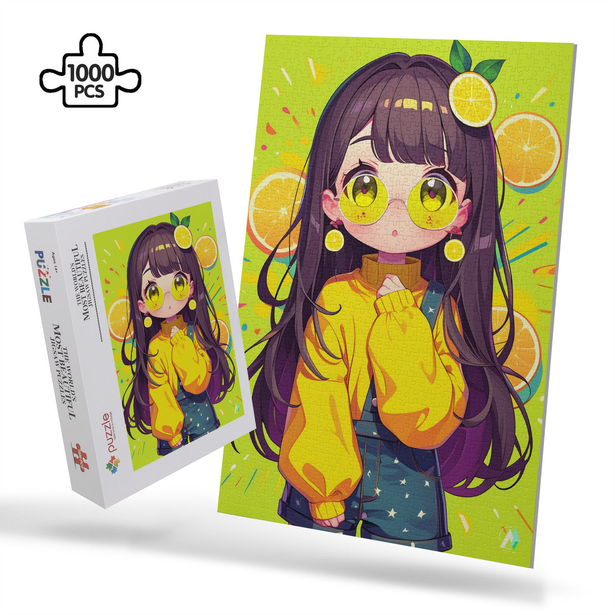 Chibi Limona Puzzle featuring a cartoon girl with yellow glasses and overalls and lemons, available in 500 and 1000 pieces, crafted from premium ivory cardboard.
