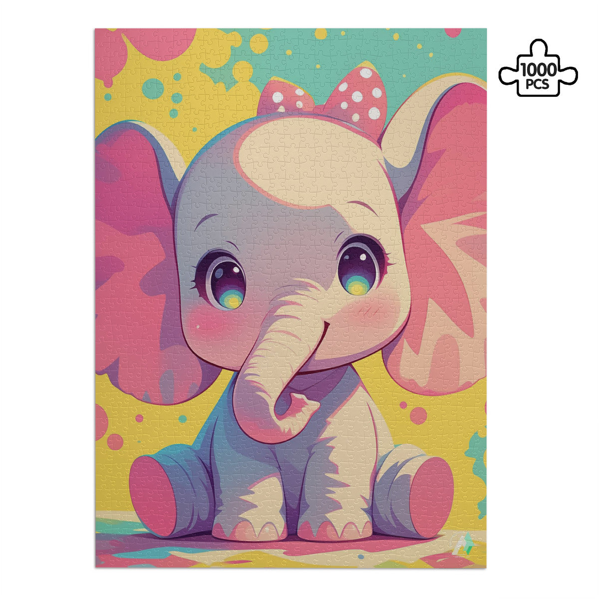 Chibi Safari Elephant Puzzle featuring a cartoon elephant design, available in 500 or 1000 pieces, crafted from premium ivory cardboard with a satin finish.