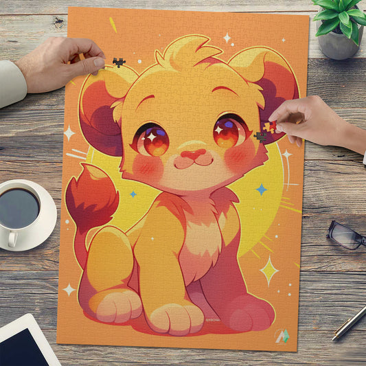 Chibi Safari Lion II Puzzle featuring a cartoon lion illustration on premium ivory cardboard, available in 500 and 1000 pieces. Artist: @shinjoku13.