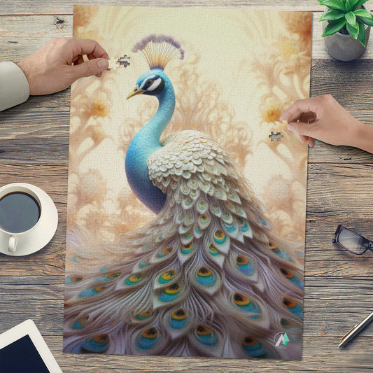 The Peacock Emperor Puzzle, featuring a detailed peacock design, available in 500 and 1000 pieces, crafted from premium ivory cardboard with a satin finish.