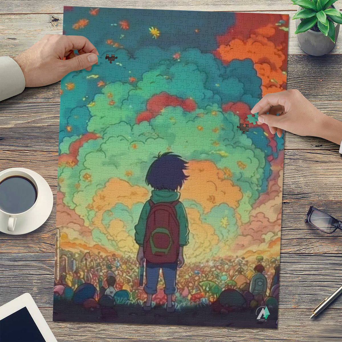 Fete Forever Puzzle: A child gazes at a diverse crowd, depicted in a vibrant jigsaw puzzle, available in 500 or 1000 pieces.