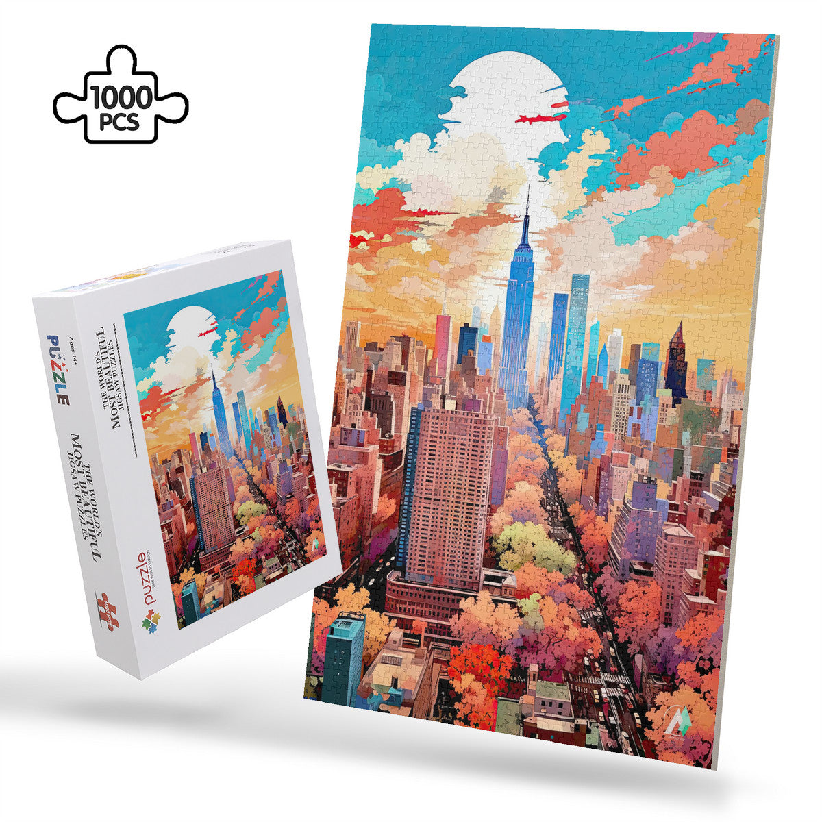 New York in Pastels II Puzzle features a cityscape design, showcasing skyscrapers and buildings in vibrant colors, available in 500 or 1000 pieces, made from premium ivory cardboard.
