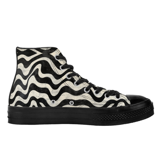 Zebrania Flow 🦓🌊 | 1337 High Tops: Black rubber sole, toe cap, and laces on a white-and-black wavy-patterned canvas sneaker, embodying artistic sophistication.