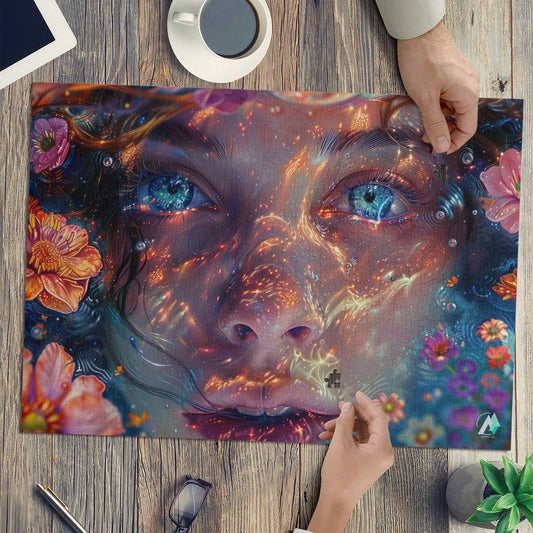Emergence II Puzzle featuring a woman's face intertwined with flowers, available in 500 or 1000 pieces, crafted from premium ivory cardboard with a satin finish.
