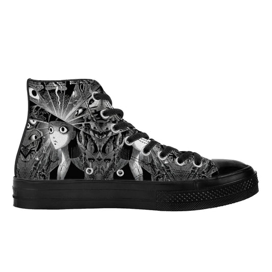 Mind Shatter II 🧠💥 | 1337 High Tops: Black high-top sneakers with horror-manga print, solid black sole, toe cap, and laces; unisex, artisanal design.