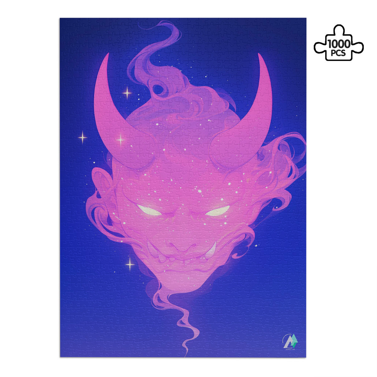 Oni Spirit Mask II Puzzle featuring a pink devil face design, available in 500 and 1000 pieces, crafted from premium ivory cardboard.